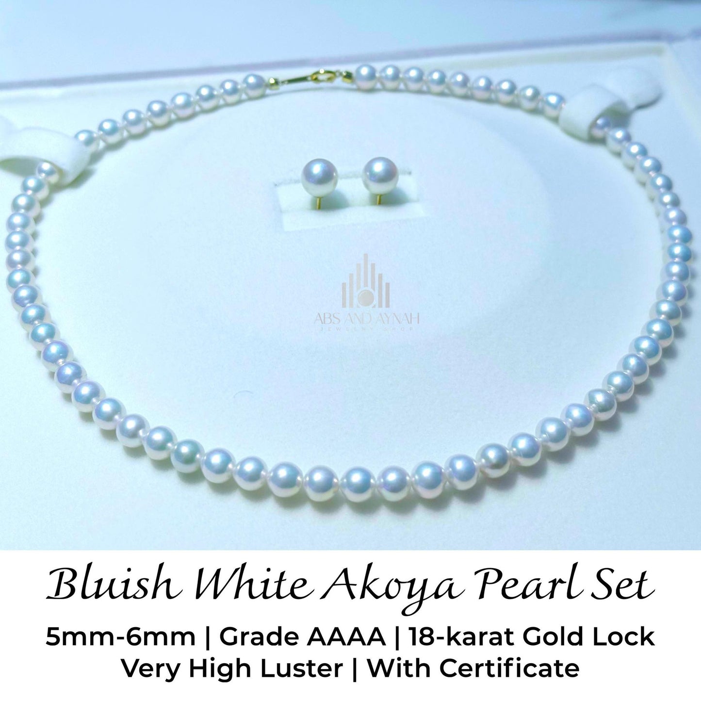 Bluish White Akoya Pearl Set - 18K Gold