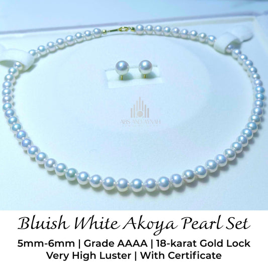Bluish White Akoya Pearl Set - 18K Gold