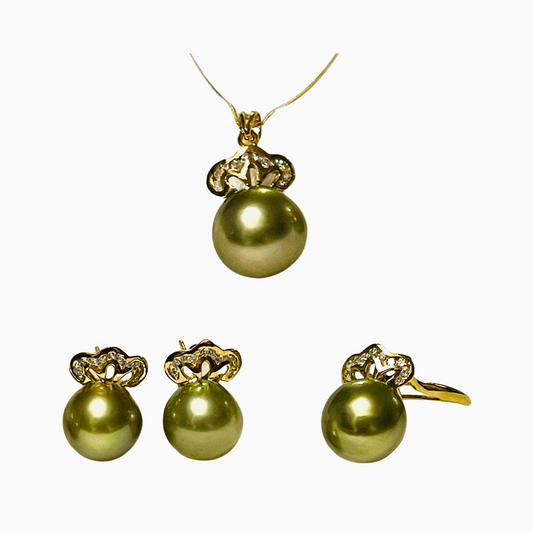 Pistachio Green South Sea Pearls Set in 14K Gold with Diamonds