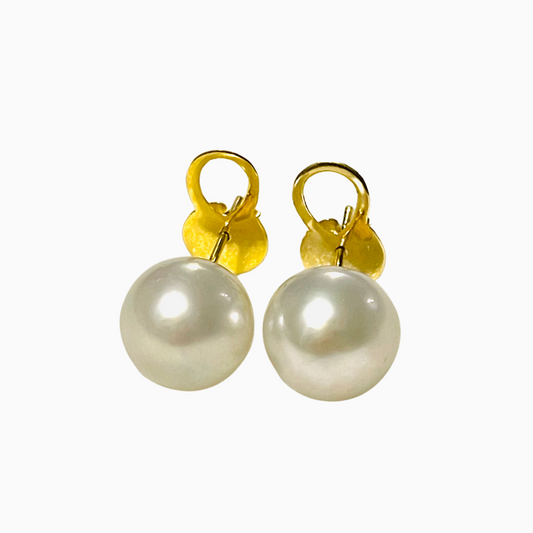 12mm White South Sea Pearl Earrings in 14K Gold