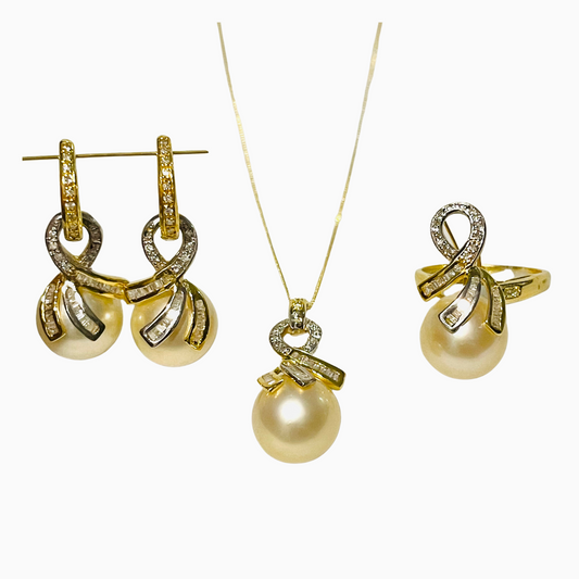 Cream South Sea Pearls Set in 14K Gold with Diamonds